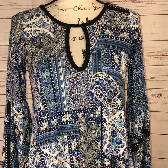 Lavanya Size S Tunic Dress With Bell Sleeves Patchwork Print Stretch Keyhole - Picture 2 of 7